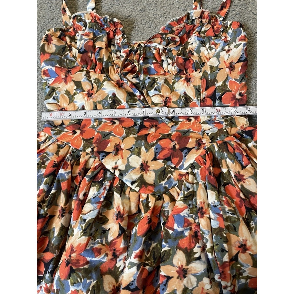 Babydoll Floral Mini Sundress Sz L Sweetheart Neck Smocked From Tie Orange City - Picture 10 of 15